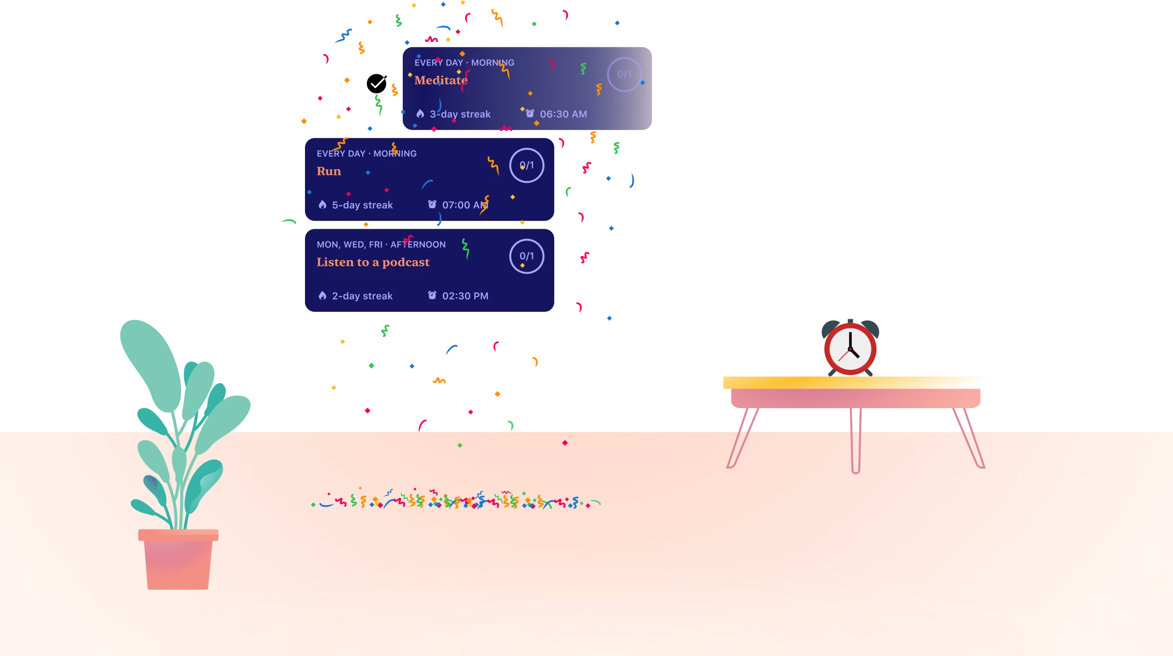 Habit reminder cards mid-celebration with colourful confetti and a small alarm clock on a table.