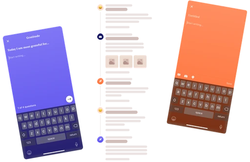 A person juggling emoji faces next to colourful category tiles for Work, Health, Exercise, Travel, Family, Food and more.
